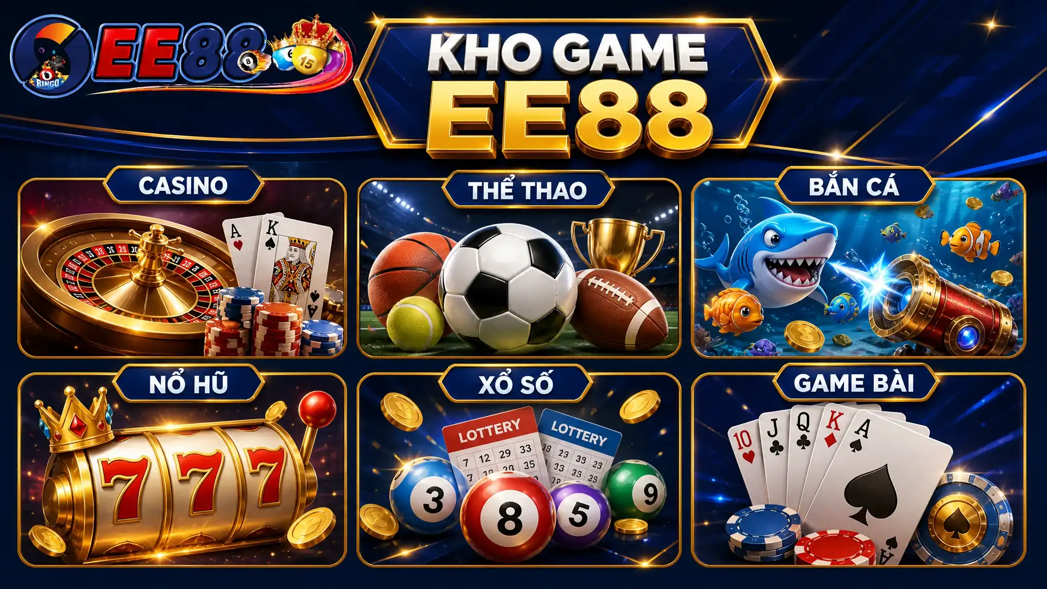 Kho game EE88 gồm casino, thể thao, bắn cá, nổ hũ, xổ số và game bài
